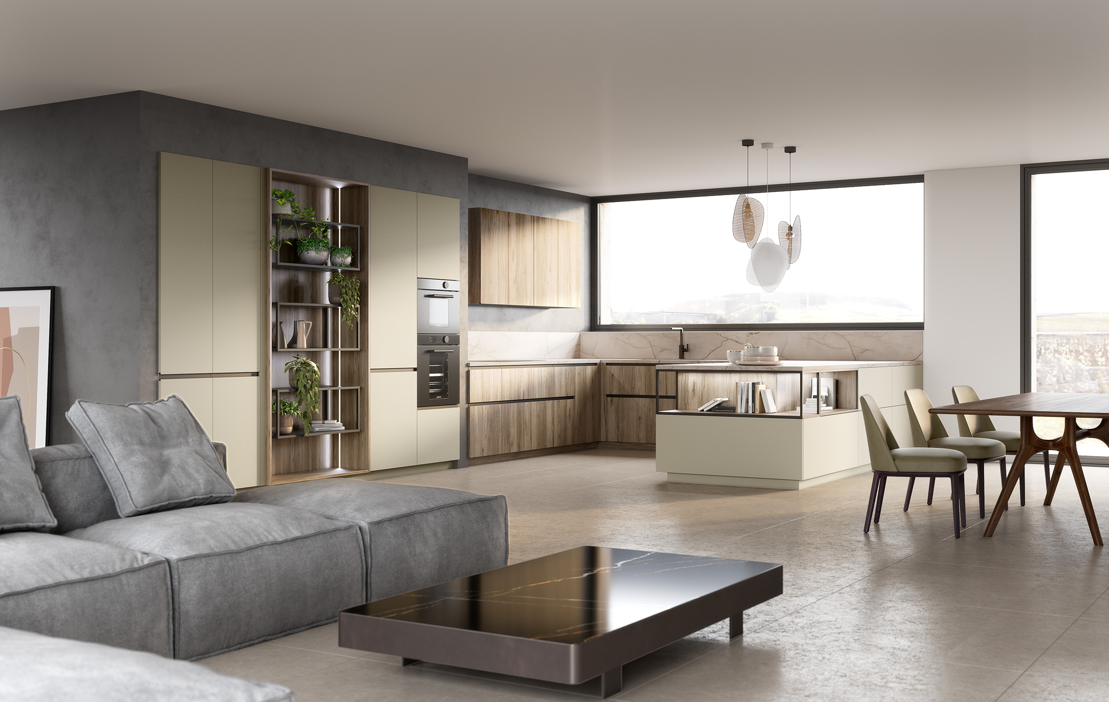 Cuisine beige et bois en U