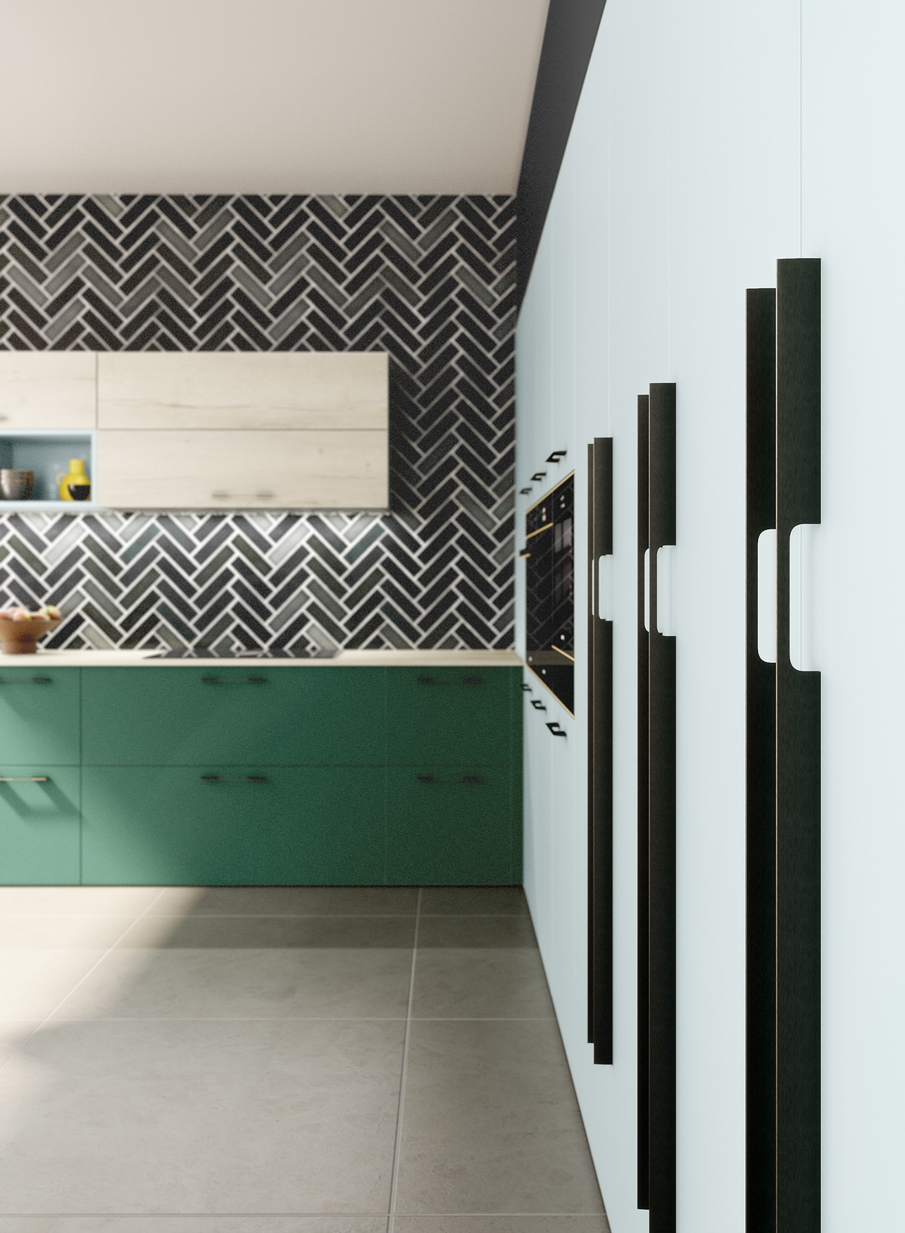 Mur d'armoires avec poignées noir