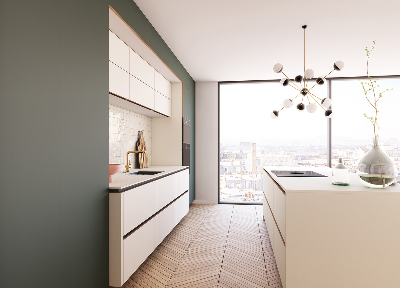 Cuisine vert et blanc sans poignée