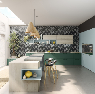 Cuisine en L bleu et vert